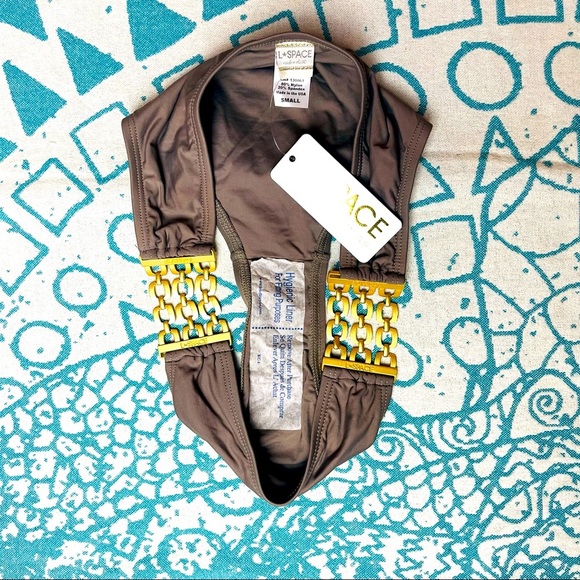 L*SPACE Jet Setter Gold Chain Side Hipster Bikini Bottom in Taupe Size Small - Picture 3 of 7